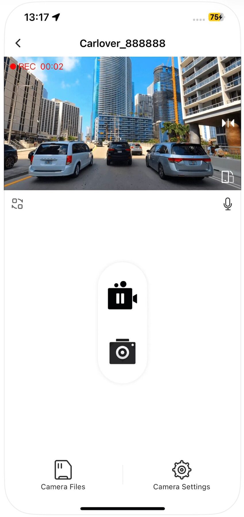 Vue live de l'app Carlover : visualisation temps réel en 4K avec enregistrement en cours